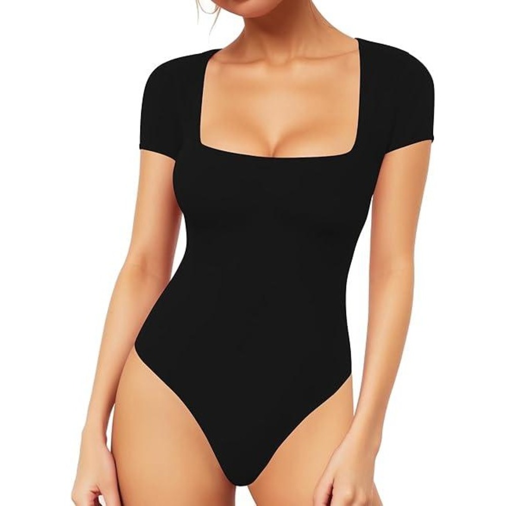 Mangopop Women's Short Sleeve Square Neck Slim Fit Bodysuit Black Size Large NWT